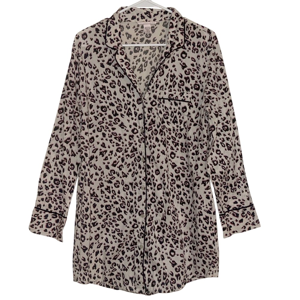 Victoria's Secret Leopard Print Sleep Shirt Dress Button Front Small Cotton